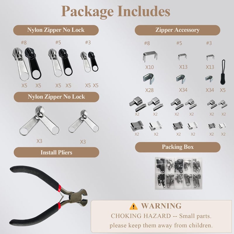 Vintex 210 Pcs Zipper Repair Kit with Replacement Sliders, #3#5#8 Metal Zipper Pull Replacement Kit with Install Plier for Jackets, Coats, Tents, Backpacks, Sleeping Bags, and Luggage - Image 2